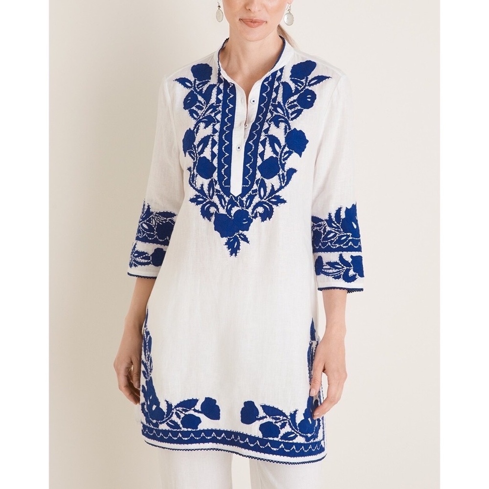 CHICO’S Appliqued Linen Tunic White & Blue Embroidered ~ Size 3 X-Large 16